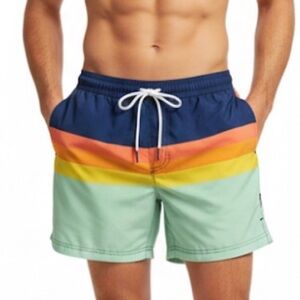 Colorful Striped Swim Shorts Men Small Drawstrings Surfs Up Trunks Pool Beach